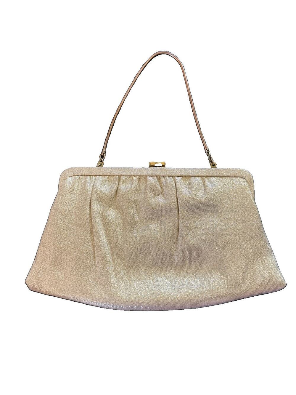 Vtg 1960s Ande Gold Lame Metallic Clutch Evening Bag Purse Kiss Lock Chain Strap